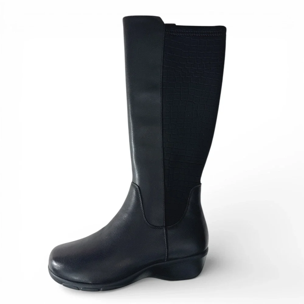 Propét‎ Women's Black Knee High Boots WFX195L Sz 7.5 Stretch Calf Extra Wide NIB